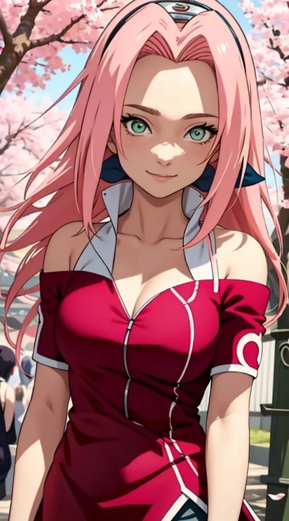 tmasterpiece， Best quality at best， 1girll， Sakura Haruno， Large breasts，Off-the-shoulder attire，（cleavage)，（upperbody closeup)，Raised sexy，is shy，ssmile，with pink hair， long whitr hair， （Green eyeballs:1.4)， Forehead protection， the cherry trees，Cherry blossoms flying，Red clothes，Zipper half