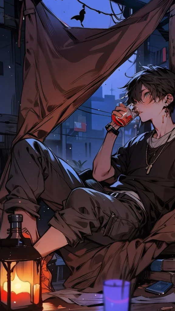 Boy, A brooding figure lounging in an urban hideaway made of tattered tarps, ((sipping on aged whiskey)), surrounded by the soft glow of twilight seeping through the fabric. Muted colors, introspective mood, casual pose, abasterpiece)), ((best quality)), ultra detailed,((illustration)), dynamic angle, detailed light, (delicate eyes), (ahoge:0.8),apathy, ray,frontage,style of anime4 k, 4k anime wallpaper, badass anime 8 k, 4 k comic wallpaper