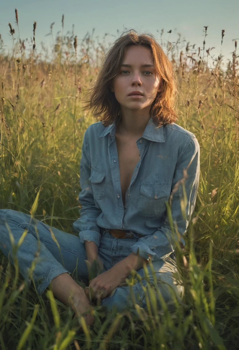 a woman sits in a tall grass meadow, blue grass, dense greenery surrounding her, she's hidden, camouflaged, grown past her waist, tall grasses, she sits in the WILD FLOWER meadow, tip of blue sky, warm sunlight edges every grass, glow bugs, lighting bugs, early evening summer, warm and hot air, her hair merges into the light, the jeans comforting, the slush amber shirt, pristine collar, styled, she dreamy of one, she's part of meadow entering into the multi dimensional she's following a creature in the grass, watching it, following it home, dragonfly and insects patient, stuttering, collared and gaming