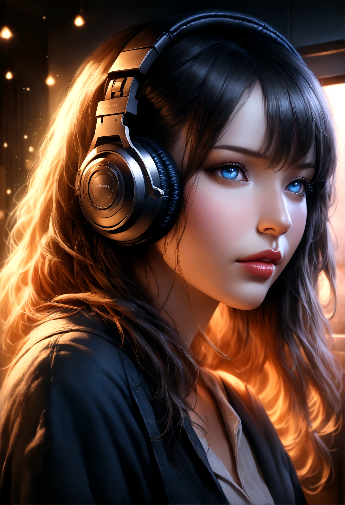 a young girl listening to music with headphones on the bed next to the window night many stars in the sky, (best quality,4k,8k,highres,masterpiece:1.2),ultra-detailed,(realistic,photorealistic,photo-realistic:1.37),beautiful detailed eyes,beautiful detailed lips,extremely detailed eyes and face,longeyelashes,cozy bedroom,moonlight,warm lighting,dreamy,soft focus,cinematic,fantasy,vibrant colors,dramatic lighting