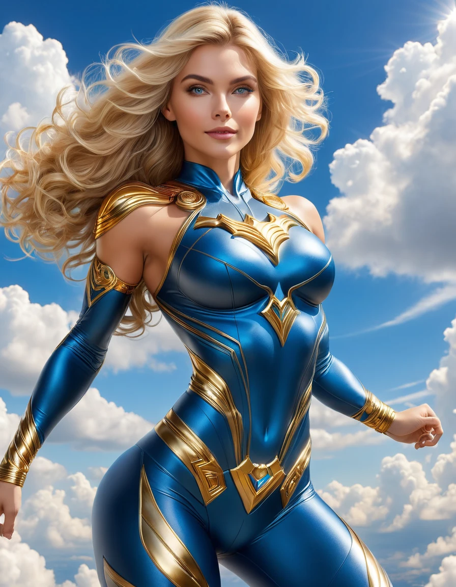 Svetlana Lindowskaya, blonde blombshell hovering in the sky, 29 anos, bodysuit tomara que caia dourado, coxas expostas, Armadura de Ouro, Superhero Woman , gold armbands, Manoplas Lgold, colar gargantilha de douro, tiara dourada, brincos grandes de argola, faixa dourada, pose majestosa, cabelos loiros, Plaits Hair, cabelos longos, Curvilinear athletic body, Muscles, shoulders, wide shoulders, coxas, seios, Exposed glutes, Vista lateral do corpo, olhos azuis, look-at-camera, facial expression of tenderness, Romantismo, clouds, blue sky, sun, raios de luz