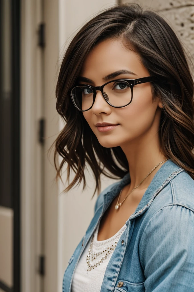 Make a cute and beautiful woman with glasses