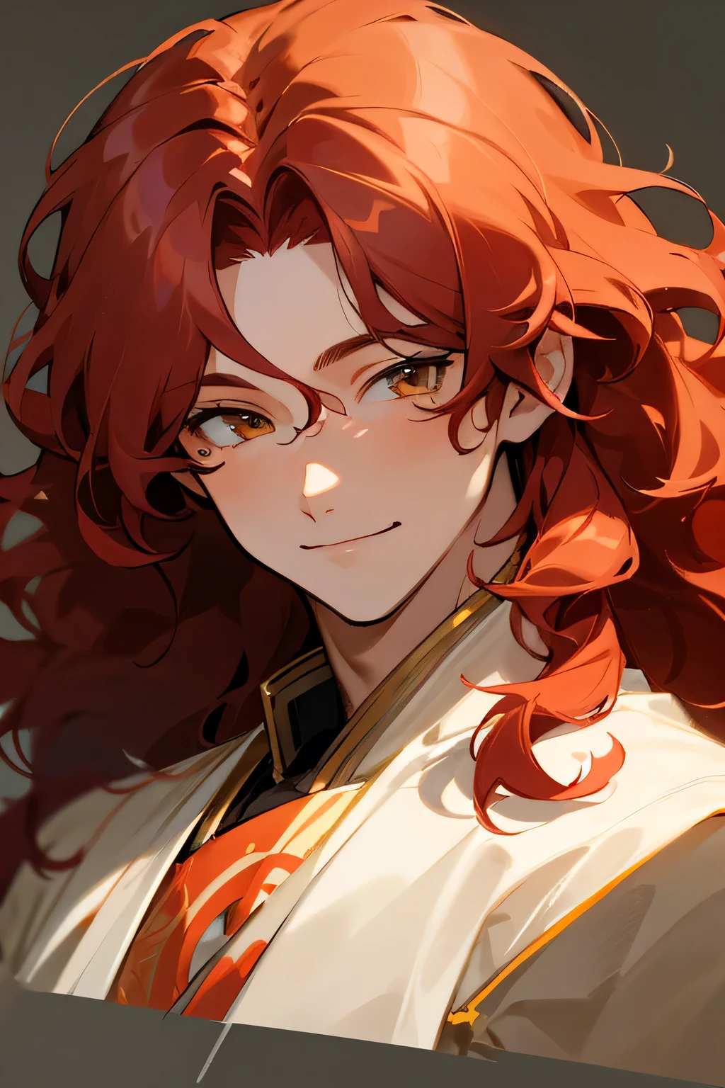 man Messy red wavy hair, red hair, soft look, soft smile, man, stunning anime face portrait, looking to nothing, smile thinly, manly, bright warm GOLDEN YELLOW high detailed thin eyes, grayard grey background, high detailed shadow
