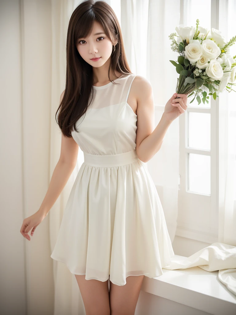 White dress showing underwear、(Highest quality)、((Very detailed))、4K、(8K)、masterpiece、Very detailedな、Highest quality、Super Resolution、1 person、Kind Face、Soft Light、RAW quality、Soft Skin、163cm、White Room:1.5、Standing posture、Calf、bouquet
