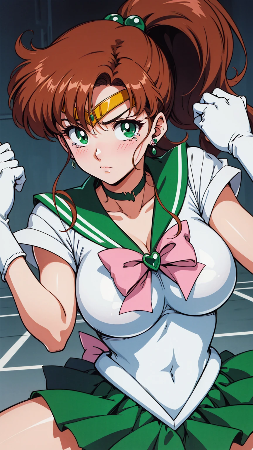 Highest quality, High resolution, 1990s \(style\), retro artstyle, 1990s anime cels style, Sailor Jupiter, Fighting, Sailor Warrior Uniform, Green sailor collar, White gloves, Green pleated skirt, Pink ribbon, ponytail, jewelry, Earrings、(Torn clothes、tits)、Dynamic、廃墟でFighting、Torture scene、Torture chamber、Tortured Woman、tears、blush、sad
