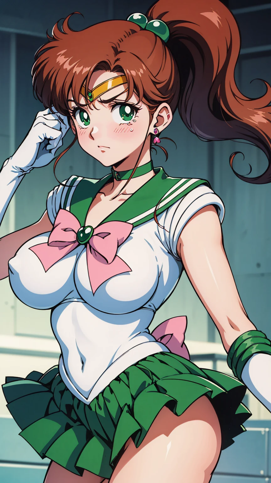 Highest quality, High resolution, 1990s \(style\), retro artstyle, 1990s anime cels style, Sailor Jupiter, Fighting, Sailor Warrior Uniform, Green sailor collar, White gloves, Green pleated skirt, Pink ribbon, ponytail, jewelry, Earrings、(Torn clothes、tits)、Dynamic、廃墟でFighting、Torture scene、Torture chamber、Tortured Woman、tears、blush、sad