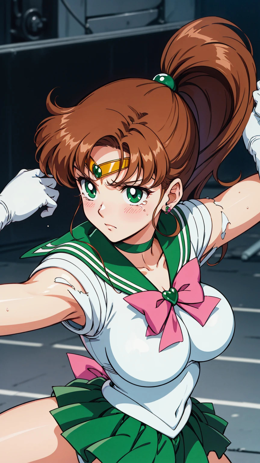 Highest quality, High resolution, 1990s \(style\), retro artstyle, 1990s anime cels style, Sailor Jupiter, Fighting, Sailor Warrior Uniform, Green sailor collar, White gloves, Green pleated skirt, Pink ribbon, ponytail, jewelry, Earrings、(Torn clothes、tits)、Dynamic、廃墟でFighting、Torture scene、Torture chamber、Tortured Woman、tears、blush、sad