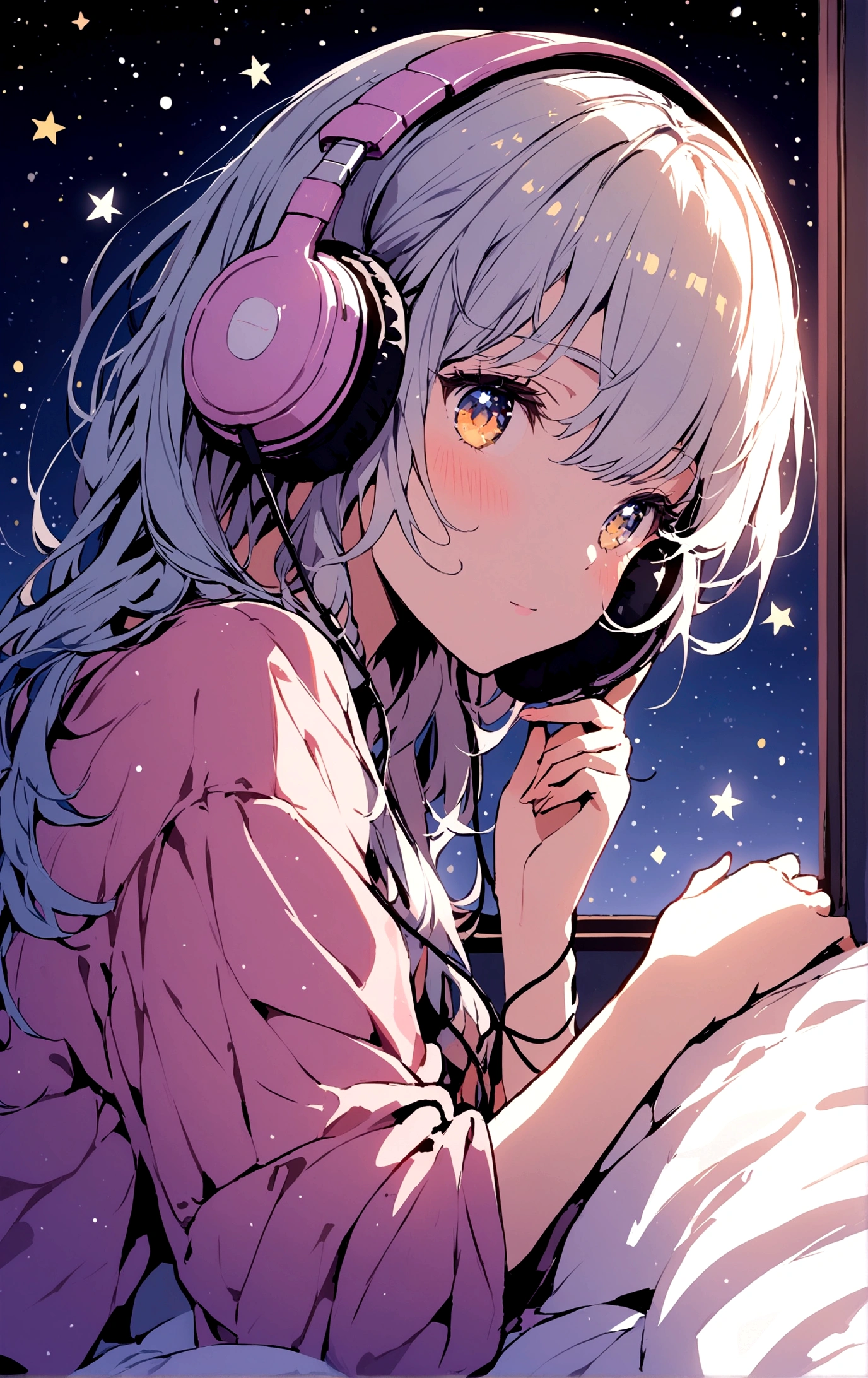 a girl listening to music with headphones in bed by the window night many stars in the sky