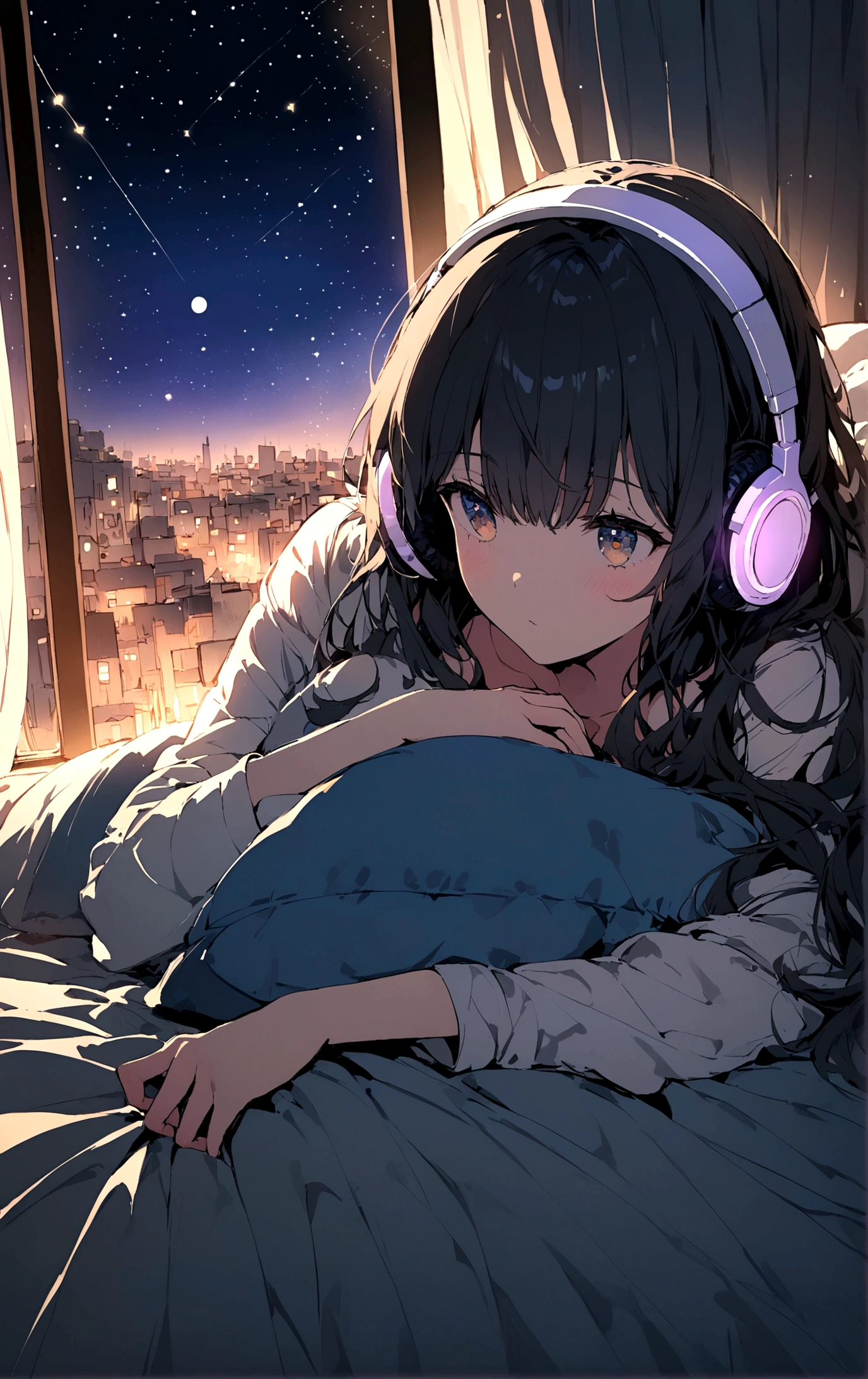 a girl listening to music with headphones in bed by the window night many stars in the sky