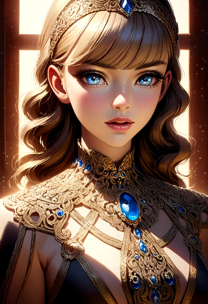 a highly detailed masterpiece, extremely detailed and realistic portrait of a beautiful young woman with captivating blue eyes, elegant facial features, full lips, long eyelashes, delicate skin, intricate jewelry, detailed ornate clothing, cinematic lighting, dramatic shadows, photorealistic, 8k, vibrant colors, dramatic lighting, award winning art