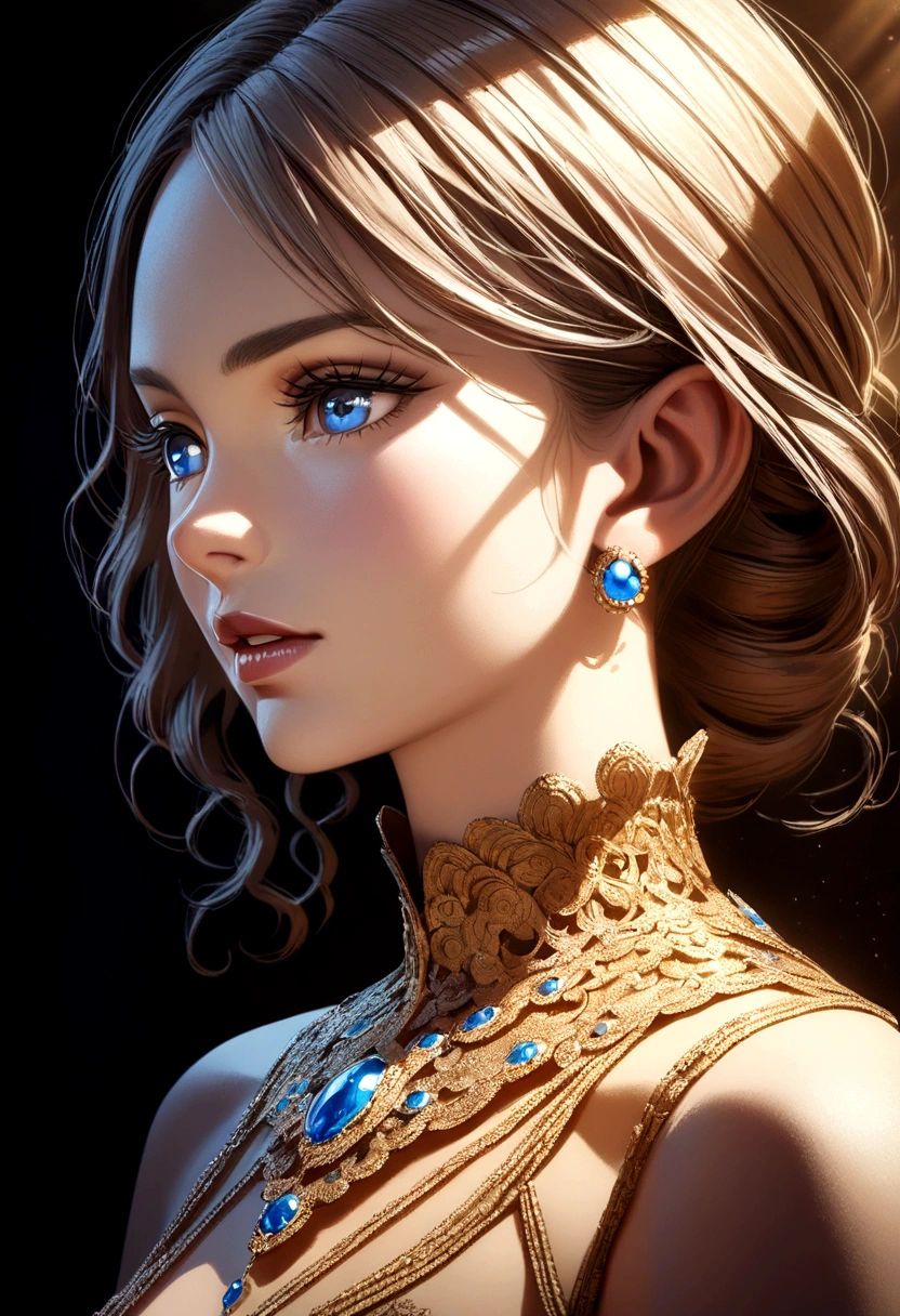 a highly detailed masterpiece, extremely detailed and realistic portrait of a beautiful young woman with captivating blue eyes, elegant facial features, full lips, long eyelashes, delicate skin, intricate jewelry, detailed ornate clothing, cinematic lighting, dramatic shadows, photorealistic, 8k, vibrant colors, dramatic lighting, award winning art