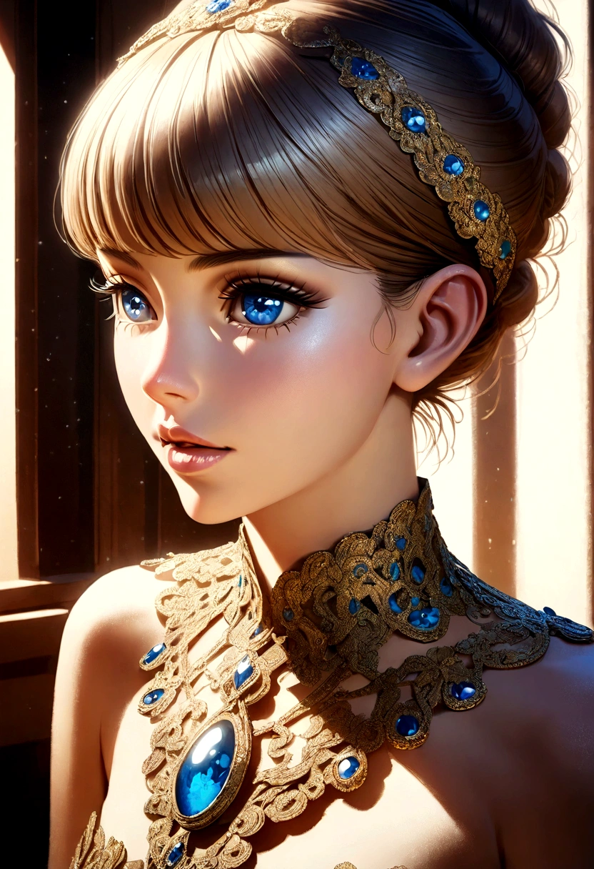 a highly detailed masterpiece, extremely detailed and realistic portrait of a beautiful young woman with captivating blue eyes, elegant facial features, full lips, long eyelashes, delicate skin, intricate jewelry, detailed ornate clothing, cinematic lighting, dramatic shadows, photorealistic, 8k, vibrant colors, dramatic lighting, award winning art