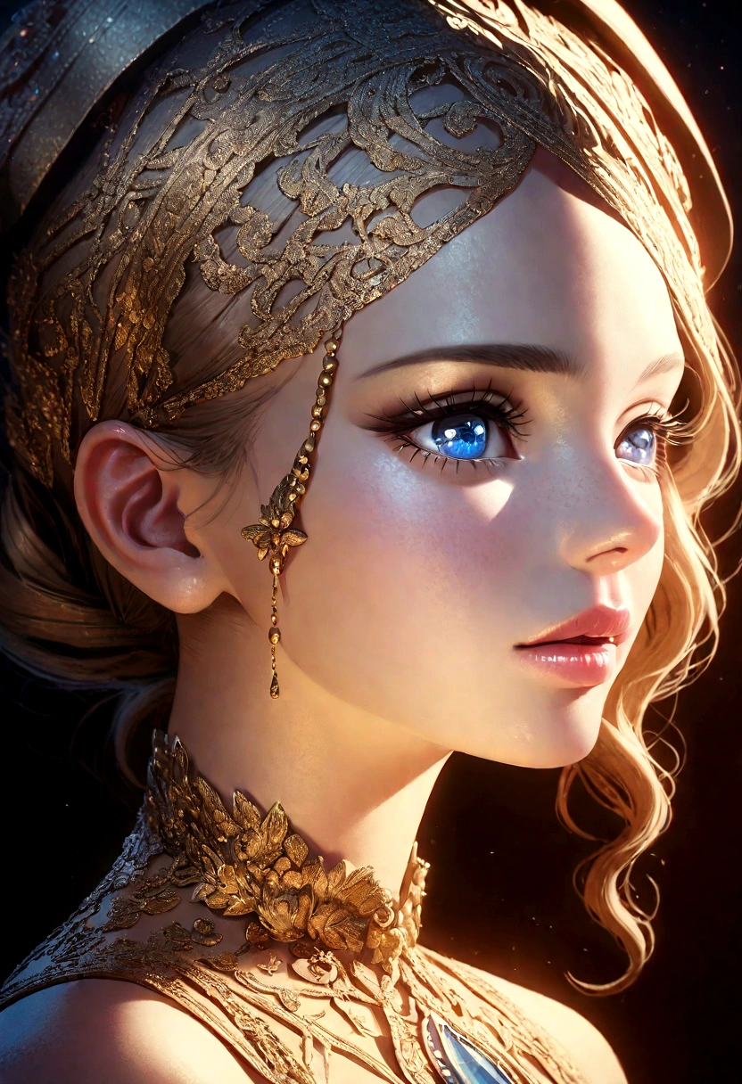 a highly detailed masterpiece, extremely detailed and realistic portrait of a beautiful young woman with captivating blue eyes, elegant facial features, full lips, long eyelashes, delicate skin, intricate jewelry, detailed ornate clothing, cinematic lighting, dramatic shadows, photorealistic, 8k, vibrant colors, dramatic lighting, award winning art