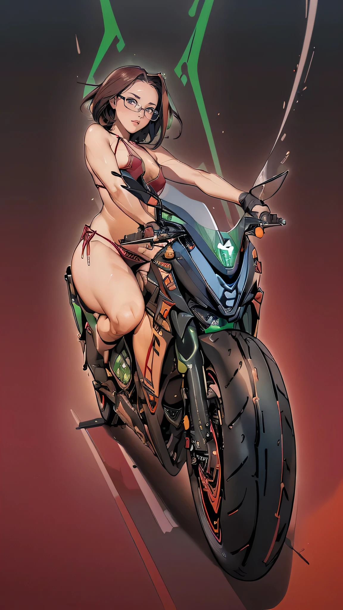 yhmotorbike (1 screen,Full body image), (((Dynamic Angle))), resolution,high resolution,8K,Highest quality,masterpiece, (pefect anatomy), (Perfect five-finger ratio), (Symmetrical face), (One young beautiful woman), (((Dark brown short hair,Forehead:1.5))), (((She is riding a  motorcycle, KAWASAKI-Z1000R, on the main road.:1.8))), ((Expressing a sense of speed:1.5)), ((Speed)), ((Explosive feeling)), ((dark red eyewear,Squaretype:1.5)), (((Dark red high leg bikini:1.5))), ((Rider&#39;s Helmet:1.2)), (((Rider&#39;s Gloves:1.2))), ((Black rider boots:1.2)), (((Take the wheel:1.5))), (((Road racer riding pose:1.5))), (((Wind, Fluttering Hair))), ((Beautiful large, round and firm breasts:1(Beautiful cleavage)), (Beand flat abdomen), (Beautiful belly button), (Beautiful toneist), (Beautiful tight big ass), (Beautiful slim thighs(Crotch gap), ((Draw the left and right rearview mirrors:1.3))、White smoke comes from the tires, ((This is Manhattan Boulevard, New York City,US))