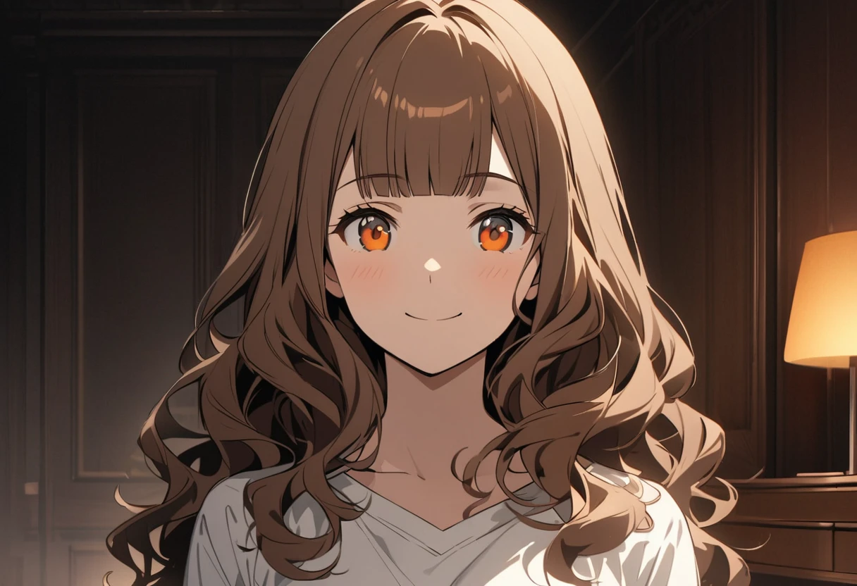 Upper Body, (A 25-year-old woman with medium-length hair and bangs) and (wavy hair) and (brown hair) and (Orange Eyes) , Wearing a white V-neck top 、smile, The background is the living room、Alone、Are standing