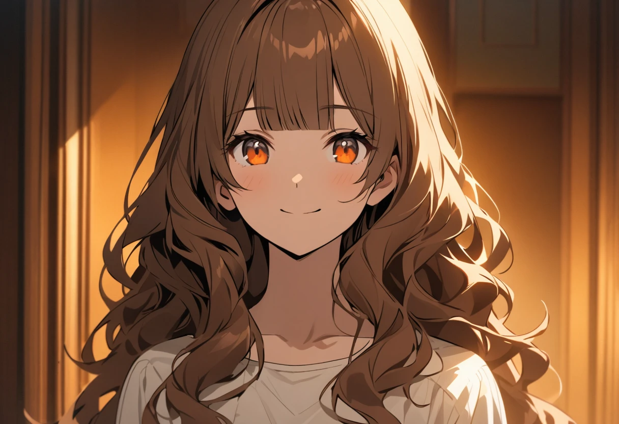 Upper Body, (A 25-year-old woman with medium-length hair and bangs) and (wavy hair) and (brown hair) and (Orange Eyes) , Wearing a white V-neck top 、smile, The background is the living room、Alone、Are standing