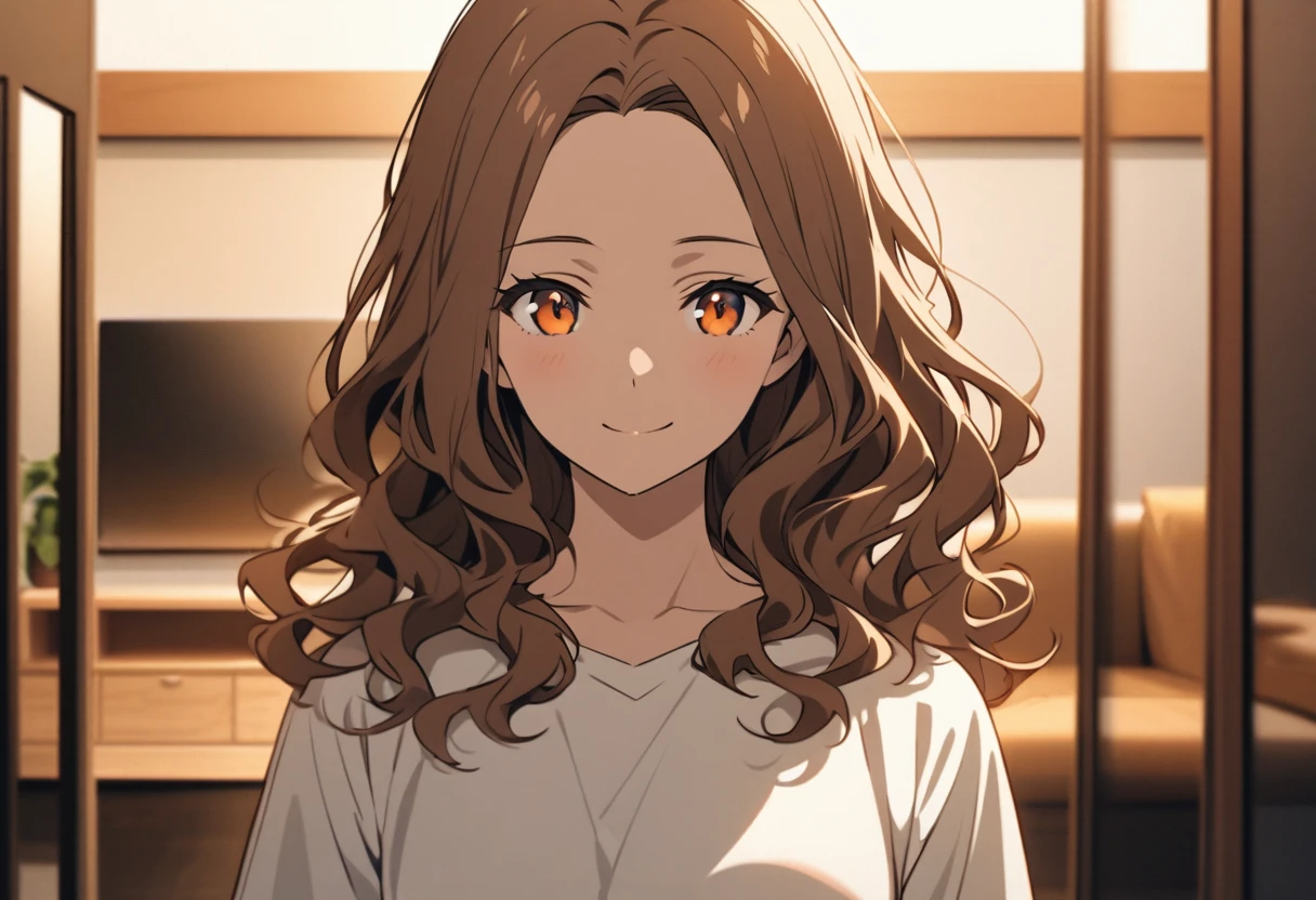 Upper Body, (A 25-year-old woman with medium-length hair and bangs) and (wavy hair) and (brown hair) and (Orange Eyes) , Wearing a white V-neck top 、smile, The background is the living room、Alone、Are standing