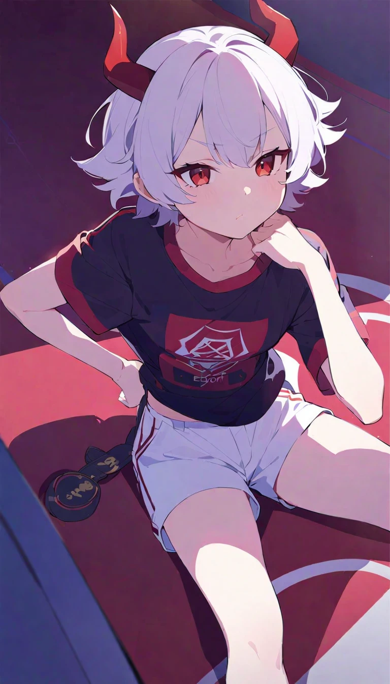  girl, devil girl, small red horns, white hair, short fluffy hair, big red eyes, pale skin, rosy cheeks, wearing a white deport t-shirt with a red diagonal stripe across the chest, gold lines on the shoulders, white shorts with red lateral lines.