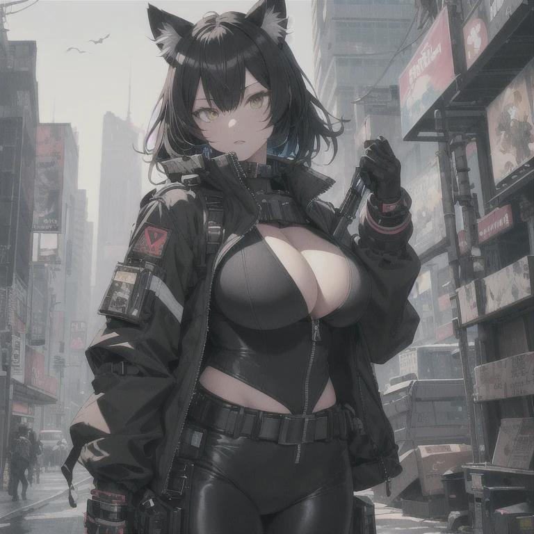 Absurd resolution, high resolution, (masterpiece: 1.4), hyper-detail, 1 kemono feline cat woman, black hair, extremely large bust, huge breasts, fullbody covering pilot suit, padded high collar techwear jacket, fitted utility pants, near future scifi, cyberpunk asethetic, anime aesthetic