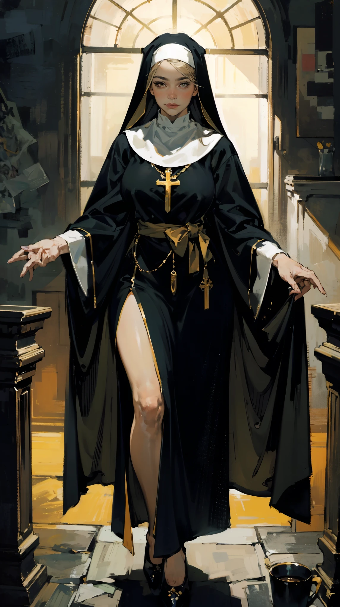 best quality (4K, high resolution, masterpiece:1.2), ultra-detailed, realistic (photo-realistic:1.37), Sienna, the Commander of the Holy Faith, authoritative spiritual guide, portrait, ((wearing elegant warrior nun uniform with silver and gold accents signifying her high rank)), ((Perfect round and perky breasts)), (formfitting costume), wise yet piercing gaze, hazel eyes, poised stance, ((auburn hair tied back in a tight braid)), confident and commanding aura with a hint of wisdom, silver, gold, and dark color scheme, sharp focus, perfect, sacred lighting, confident, authoritative demeanor, emotive smile, powerful divine magic and spiritual energy radiating from her eyes, holy temple with a peaceful, inspiring background, tranquil yet empowering atmosphere, inspired by fantasy art and divine mythology, emphasizing her allure, wisdom, and martial prowess, meticulous attention to facial details showcasing her sharp and intelligent features, striking visual impact, expressive yet authoritative facial features, supernatural elements blended with a serene reality, (exceptionally detailed:1.3), super finely detailed and strong hands, ultra finely detailed fingers (ten fingers), suggestive, inspiring posing, full body showcase, no logos in the background.