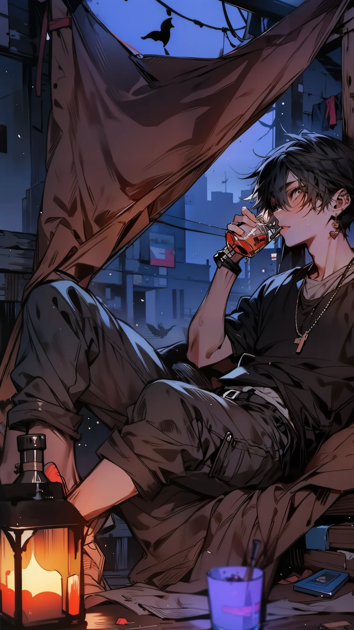 Boy, A brooding figure lounging in an urban hideaway made of tattered tarps, ((sipping on aged whiskey)), surrounded by the soft glow of twilight seeping through the fabric. Muted colors, introspective mood, casual pose, abasterpiece)), ((best quality)), ultra detailed,((illustration)), dynamic angle, detailed light, (delicate eyes), (ahoge:0.8),apathy, ray，frontage，style of anime4 k， 4k anime wallpaper， badass anime 8 k， 4 k comic wallpaper