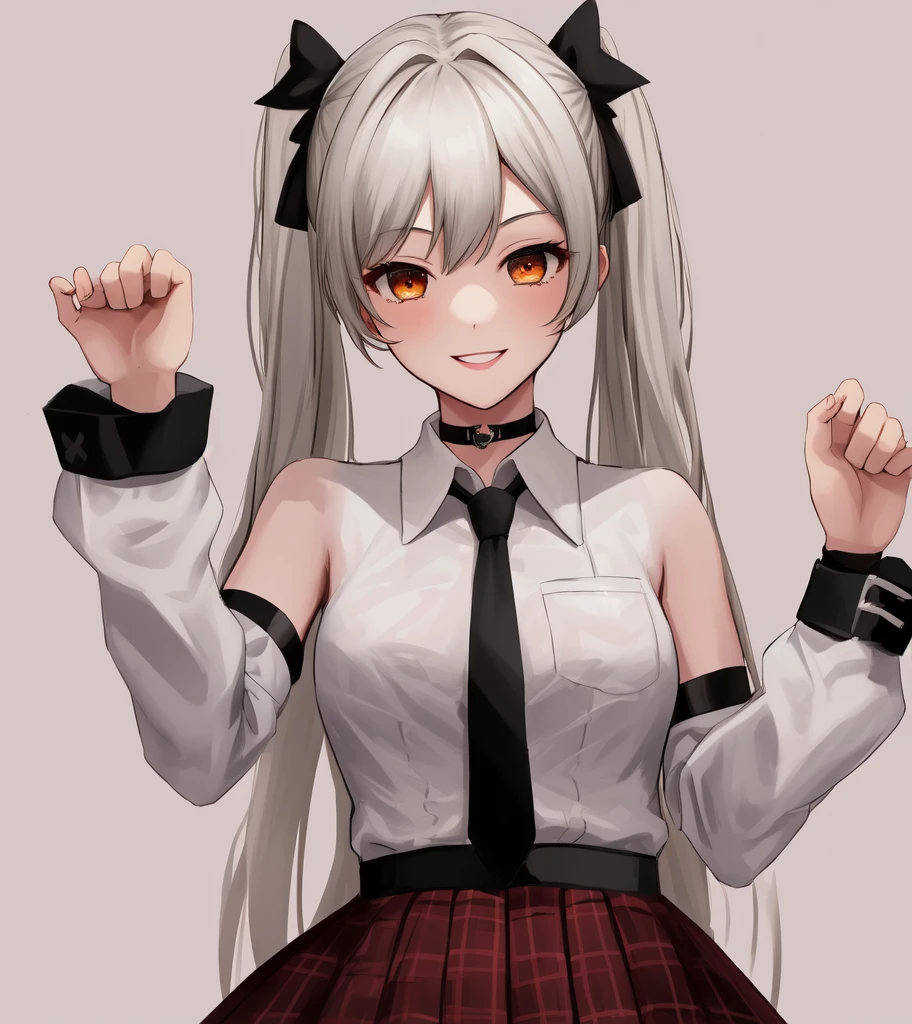 marie rose, 1girl, small breasts,
black choker, white shirt, necktie, plaid skirt, wristband, detached sleeves, black thighhighs, garter straps,
smile, v, hand up,upper body,, masterpiece,best quality,