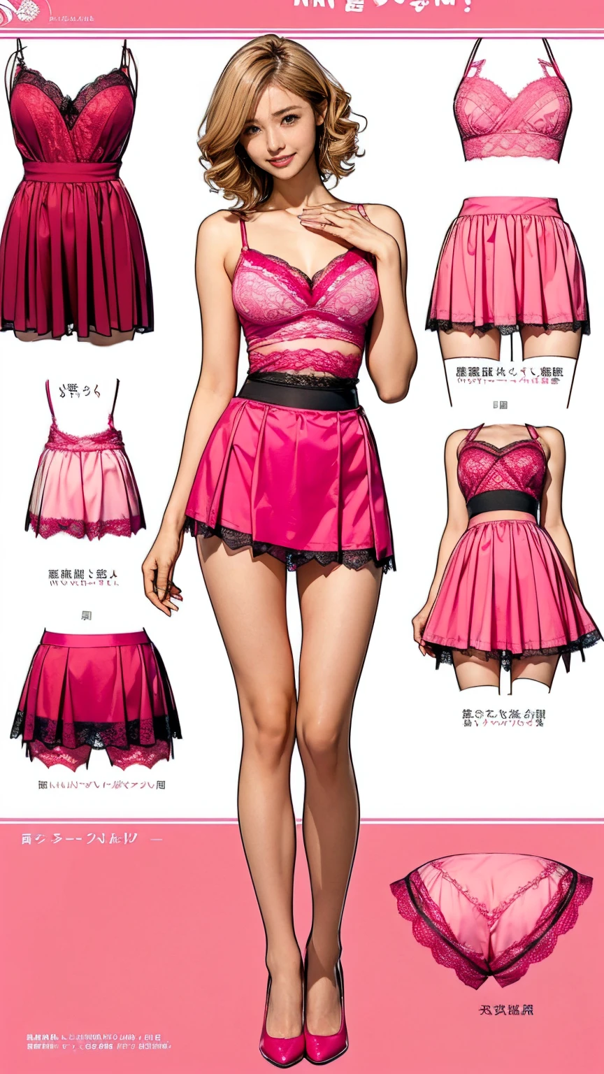 ((masterpiece)),(((Highest quality))),((Character design sheet)),Thin thighs,Long legs,A very cute 20 year old young woman from Japan..， ((Thin hair that is somewhere between brown and blonde)), ((Short hair with side waves)),Medium bust size､(Curly Hair)，(((A very kind smile))), (((She wears pink, Red and magenta lace panties)))，(((Wearing a black tight skirt, but、it is&#39;turned over in her hands.)))，(((He is wearing a black and white striped shirt.。)))  Highly detailed lips, Beautiful Eyes, City Street，