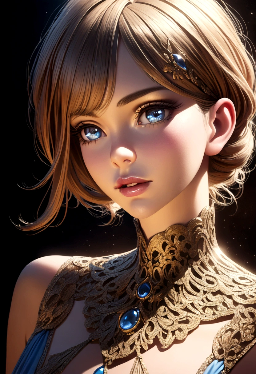 a highly detailed masterpiece, extremely detailed and realistic portrait of a beautiful young woman with captivating blue eyes, elegant facial features, full lips, long eyelashes, delicate skin, intricate jewelry, detailed ornate clothing, cinematic lighting, dramatic shadows, photorealistic, 8k, vibrant colors, dramatic lighting, award winning art