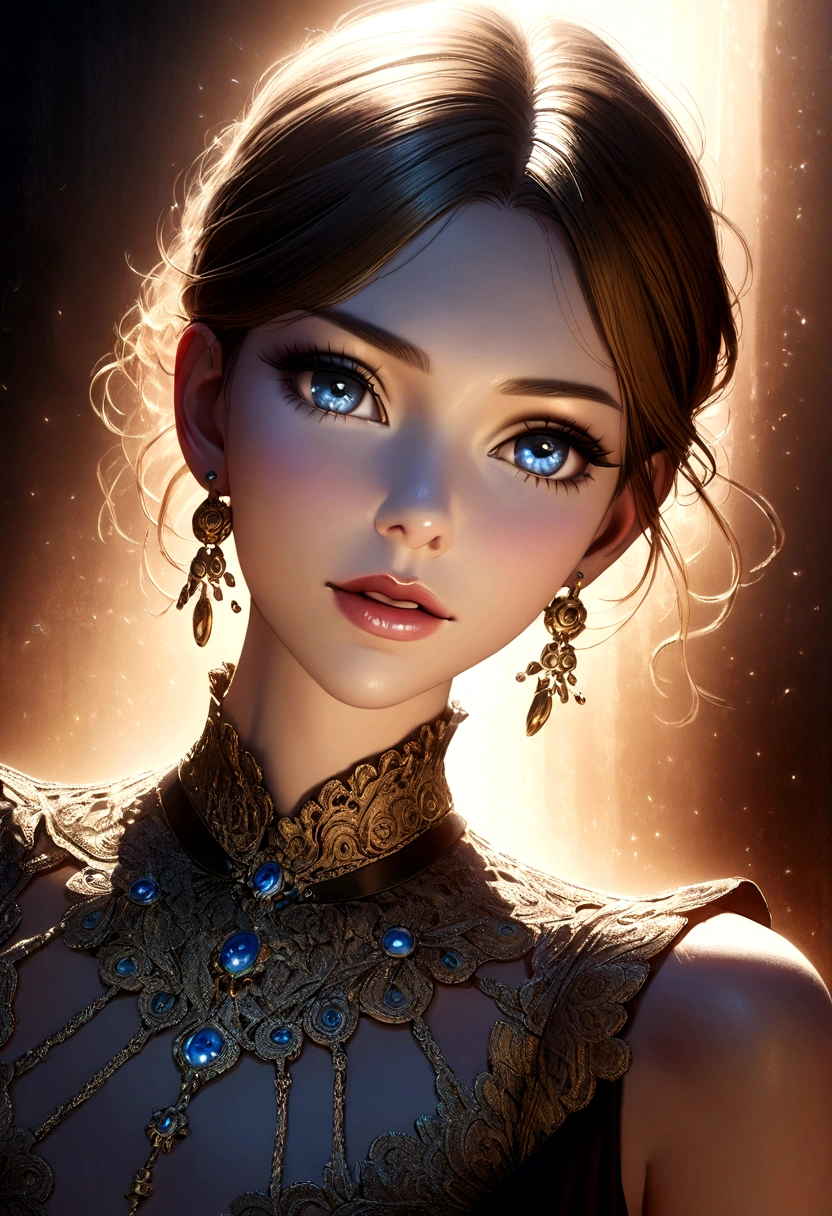 a highly detailed masterpiece, extremely detailed and realistic portrait of a beautiful young woman with captivating blue eyes, elegant facial features, full lips, long eyelashes, delicate skin, intricate jewelry, detailed ornate clothing, cinematic lighting, dramatic shadows, photorealistic, 8k, vibrant colors, dramatic lighting, award winning art