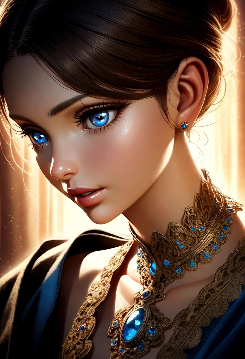 a highly detailed masterpiece, extremely detailed and realistic portrait of a beautiful young woman with captivating blue eyes, elegant facial features, full lips, long eyelashes, delicate skin, intricate jewelry, detailed ornate clothing, cinematic lighting, dramatic shadows, photorealistic, 8k, vibrant colors, dramatic lighting, award winning art