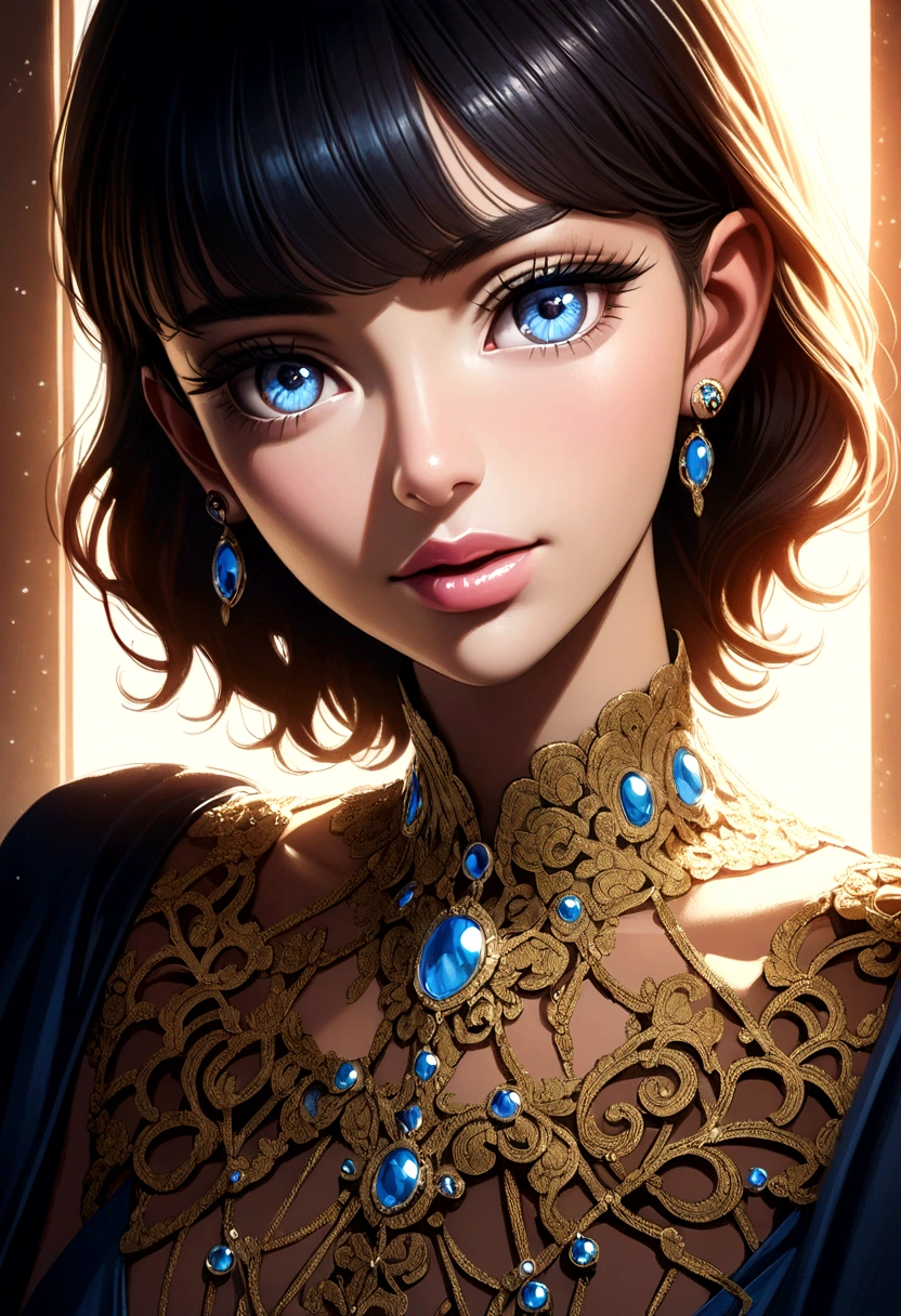 a highly detailed masterpiece, extremely detailed and realistic portrait of a beautiful young woman with captivating blue eyes, elegant facial features, full lips, long eyelashes, delicate skin, intricate jewelry, detailed ornate clothing, cinematic lighting, dramatic shadows, photorealistic, 8k, vibrant colors, dramatic lighting, award winning art