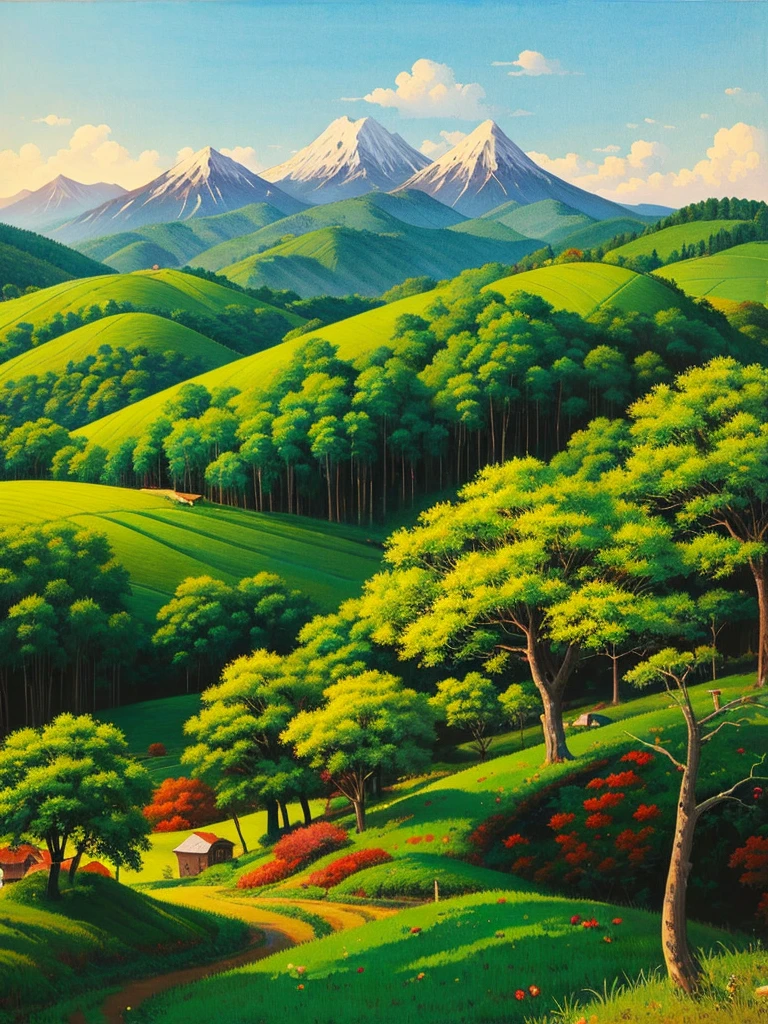 A sumi-e painting of a lush landscape with trees and fruit