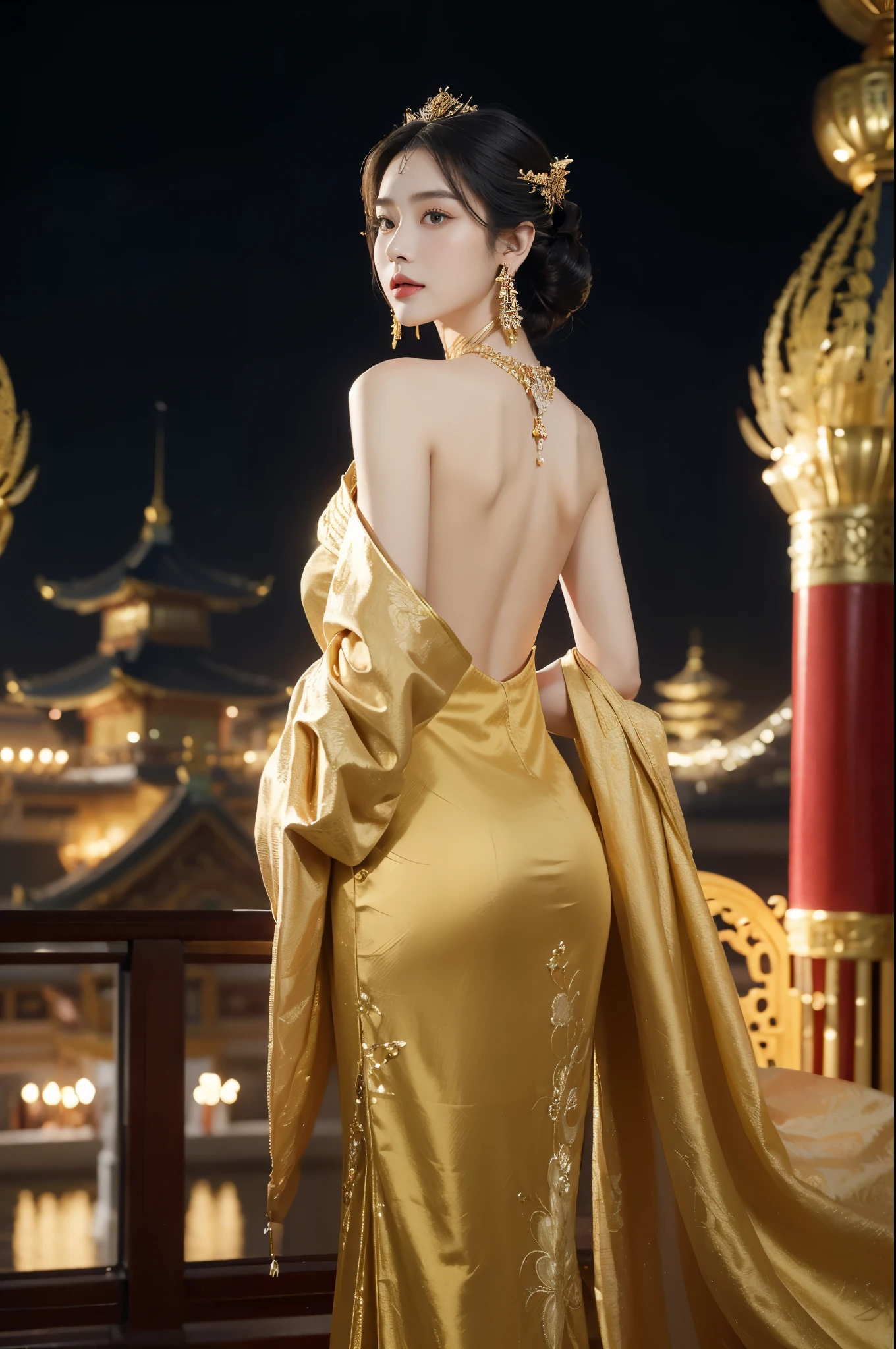 (((best quality))),(((ultra detailed))),(((masterpiece))),illustration,1 girl,solo,slim,thin,shoulder length straight bob hair,earrings,necklace,Asian appearance,princess,royal,Chinese palace,night scene,magnificent dragon gown,golden crown,intricate embroidery,luxurious fabric,precious stones,metallic throne,decorative patterns,rich decorations,luxurious furnishings,regal charm,beautiful face,gentle smile,bright eyes,historical,traditional,city lights,modernity,frozen moment,beauty of the past,evolution of time,from back,upper body,standing,((bare back,towering hips,butt crack))