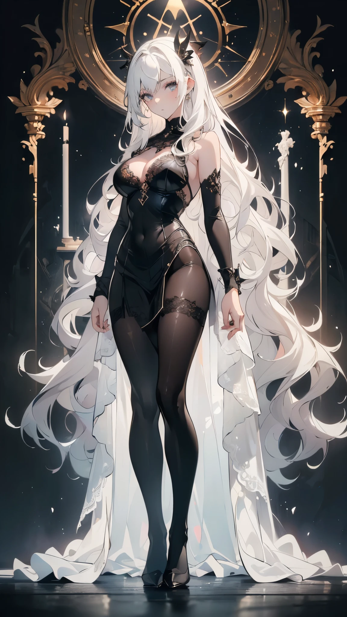 ((masterpiece, best quality)), Delicate face，JK style，Full body painting，Perfect body proportions，Large Breasts，Long legs，((Long wavy hair)), ((Half of her hair is white，The other half is black，Available in two colors))，beautiful eyes，Fantasy style，Extremely beautiful，transparent，Erotic_lingerie，Lace，Pantyhose