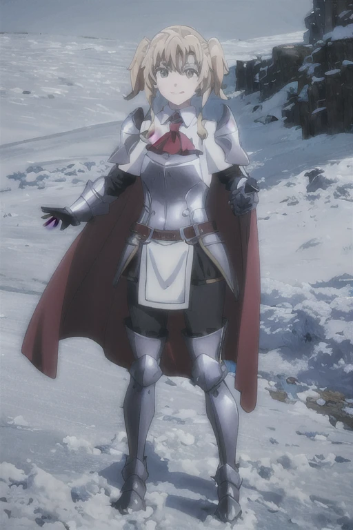 GoblinSlayer, NobleFencer, solo, girl1, looking at viewer, smile, brown eyes, cape, armor, full body view, shoulder armor, portrait, red ascot, snow, outdoor