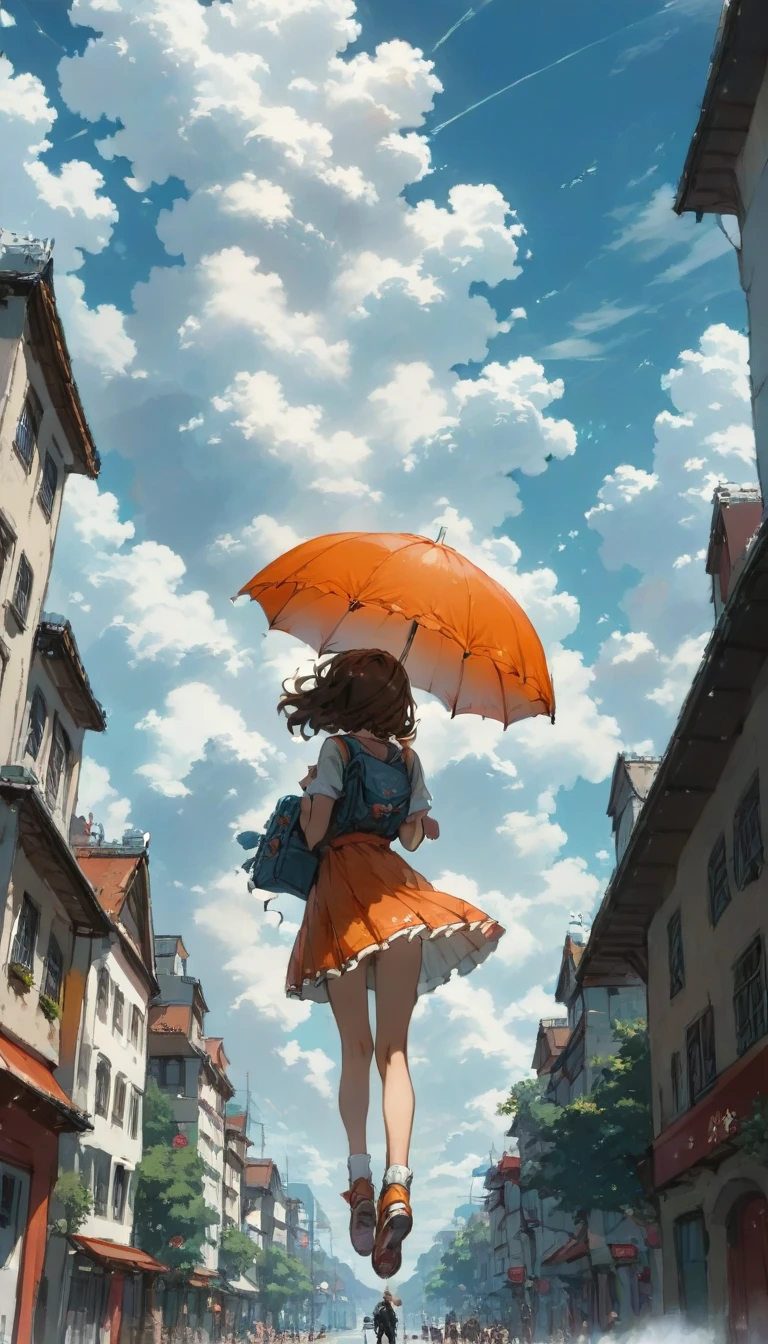 quality\(8K,非常に精細なCGユニットのwallpaper, masterpiece,High resolution,top-quality,top-quality real texture skin,Surreal,Increase the resolution,RAW Photos,最高quality,Very detailed,wallpaper\),BREAK、Mary Poppins、((A girl using an umbrella instead of a parachute、solo、pretty girl、Holding a large umbrella、Gripping the umbrella tightly、Holding the umbrella tightly with both hands、Brown Hair、Spiky Hair))、BREAK、((fall、Girl falling from the sky、傘の浮力でfallしている女の子、完璧に計算されたSpiky Hairの毛、Skirt that flips up))、BREAK、Wide sky、Blue sky、Orange roofs spreading out below、Blurred background