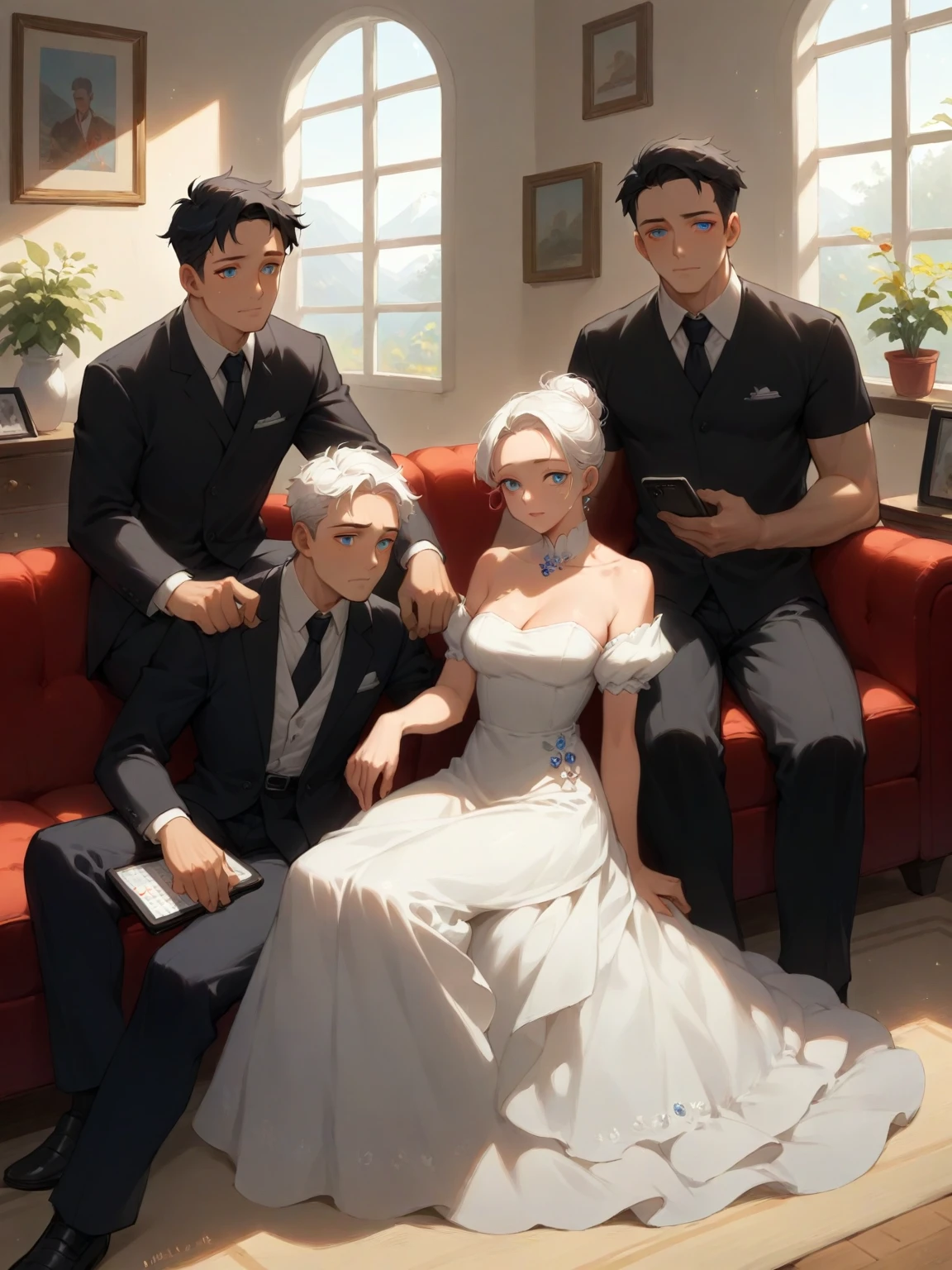 gramophone วินเทจ, simple living room , Quiff hairstyle, black short hair , old phonograph, gramophone，Listen to music，rest day ，The background is the house. , 3 men, father and son,  3 men, （30 year old man：mature man，สวมใส่white dress，black hair, blue eyes），（2  boy：black dress,black hair,blue eyes），（2 year oldte dress,white hair,blue eyes）