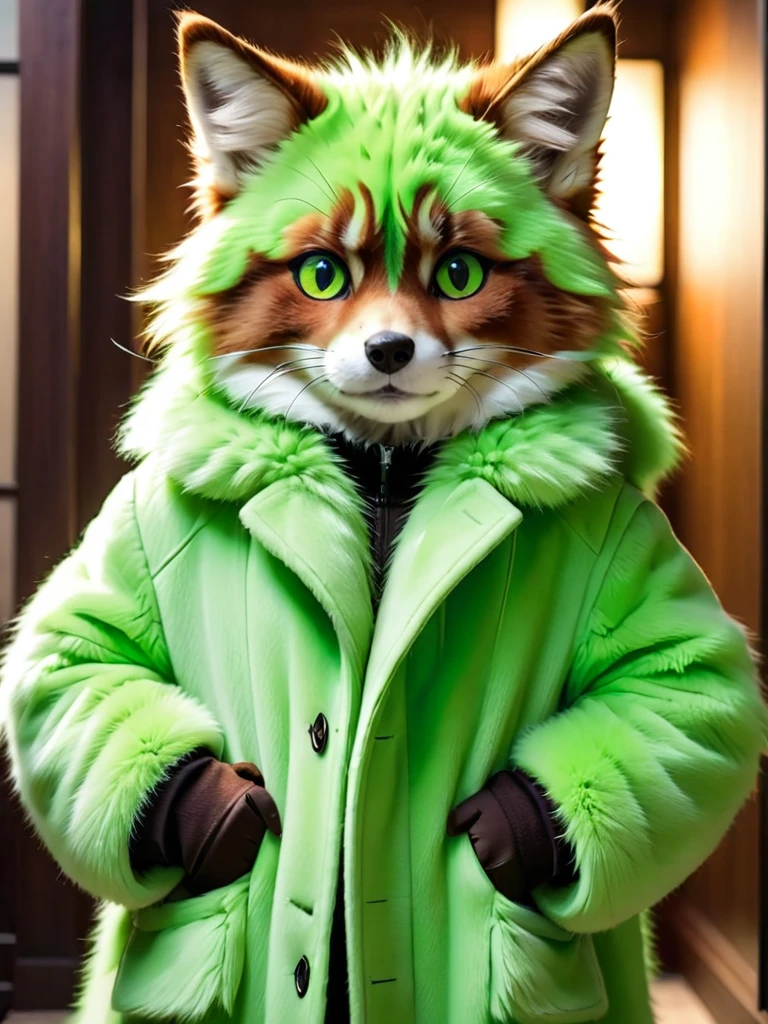 furry，The coat color changes from green to light green from top to bottom，with brown eye，Expression is cold but gentle，Main body slightly green，Men&#39;s preference，short brown hair