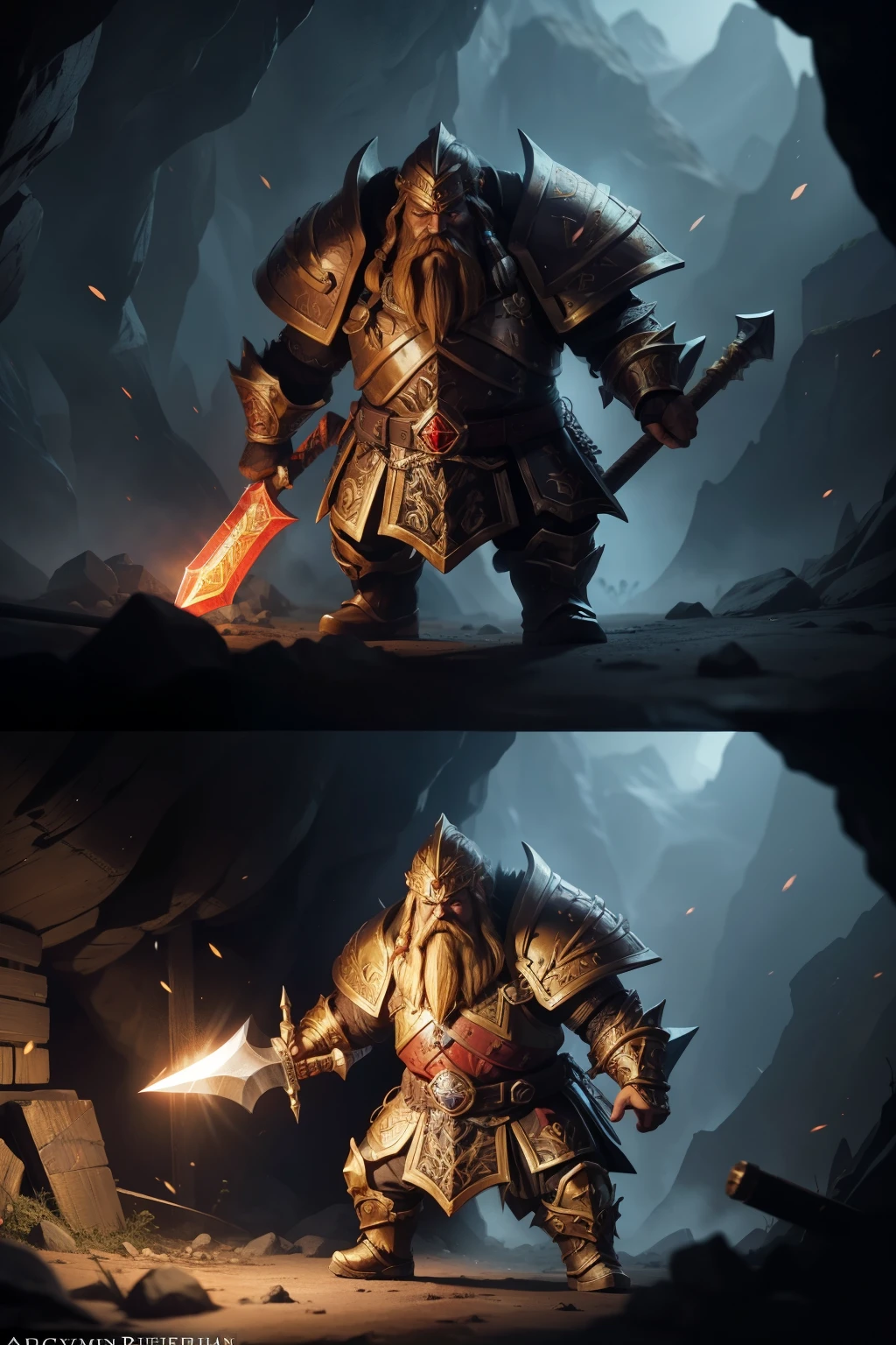 Anime-inspired depiction, featuring a dwarf clad in red armor adorned with intricate yellow details, wielding a black axe with a heavy and menacing presence. The axe itself is detailed, with a gleaming shaft and a sharp, dark blade that gleams ominously. In the dimly lit cavern, torches flicker on the walls, casting dramatic lighting that illuminates the dwarf's detailed face, eyes, and lips. The details on the armor, the axe, and the cavern walls are so intricate that they approach hyperrealism, making the artwork a true masterpiece in the realm of fantasy art. The image is rendered in 8