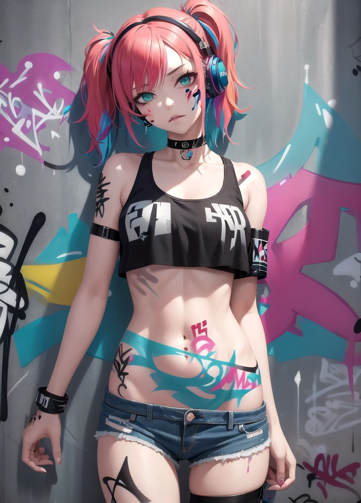 masterpiece, best quality, 1girl, solo, crop top, denim shorts, choker, (graffiti:1.5), paint splatter, arms behind back, against wall, looking at viewer, armband, thigh strap, paint on body, head tilt, bored, multicolored hair, aqua eyes, headset,