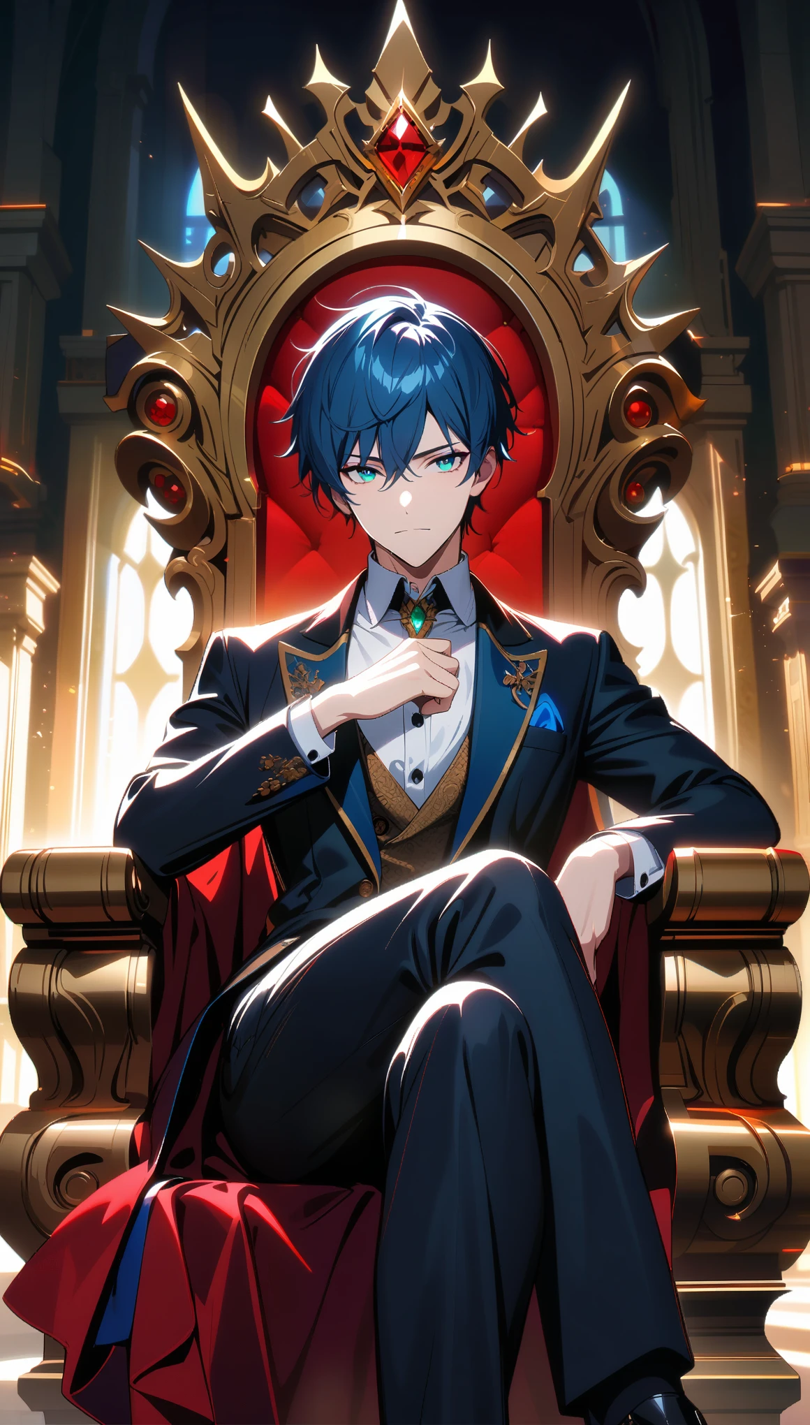 Masterpiece, Best Quality, Super Detailed, High Definition, Expensive Resolution, HDR, Super Detailed CG, Beautiful Details, Depth, Fine Texture, Super Fine, Complete concentration, Pale skin, Handsome man, smart and cool man, confident, short hair, black hair, blue hair highlight, beautiful detail eyes, emerald eyes, full details black tuxedo suit, blue trim, crown, 1 male, Cold face and eyes, closed mouth, ethereal atmosphere, A large gold throne of power and authority ,luxurious, intricate details, volumetric lighting, atmospheric lighting, lens flare, particles, Cinematic light, colorful light, white colors schemes, sitting on Throne of Power, fine detail, intricate, extremely detailed eyes and face, expression was arrogant and cold, Posing looks calm and powerful, crossed legs