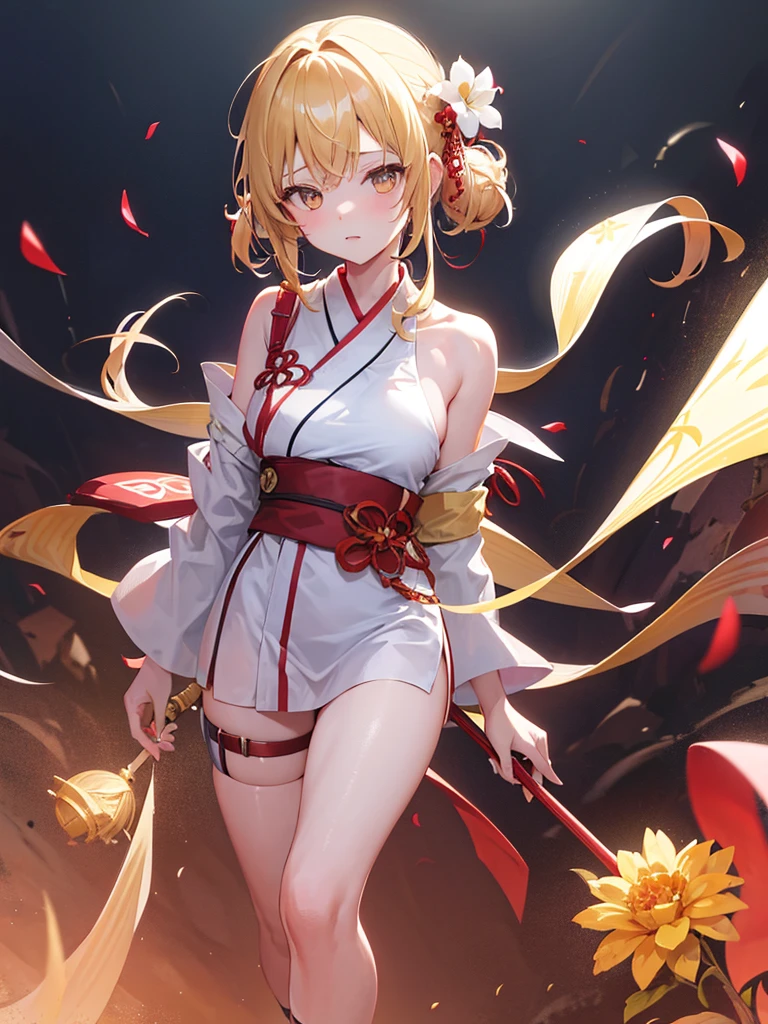 1 girl, blonde ponytailed hair, golden eyes, wearing yukata with color combinations of white and red, huge brown belt on stomach, remove the left shoulder part of the yukata, use white bandage to cover the chest, put a flower tattoo around her upper arm, white bandage for bottom wear, japanese sandals with brown socks, town, absurdness, high res, ultrasharp, 8k, masterpiece, looking at viewer