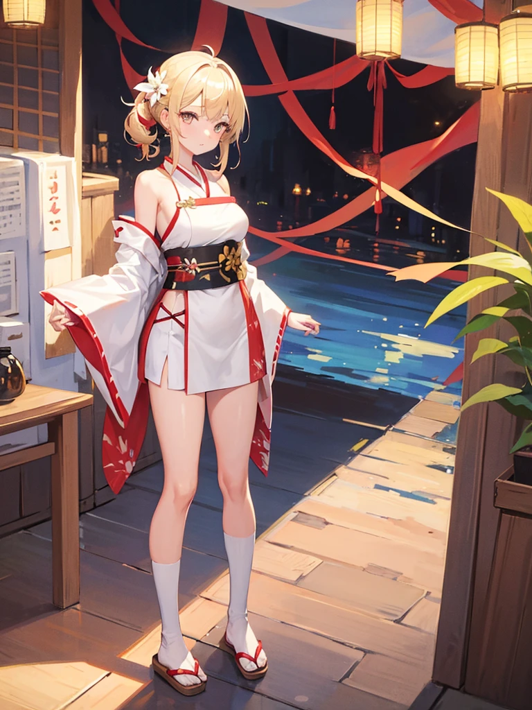 1 girl, blonde ponytailed hair, golden eyes, wearing yukata with color combinations of white and red, huge brown belt on stomach, remove the left shoulder part of the yukata, use white bandage to cover the chest, put a flower tattoo around her upper arm, white bandage for bottom wear, japanese sandals with brown socks, town, absurdness, high res, ultrasharp, 8k, masterpiece, looking at viewer