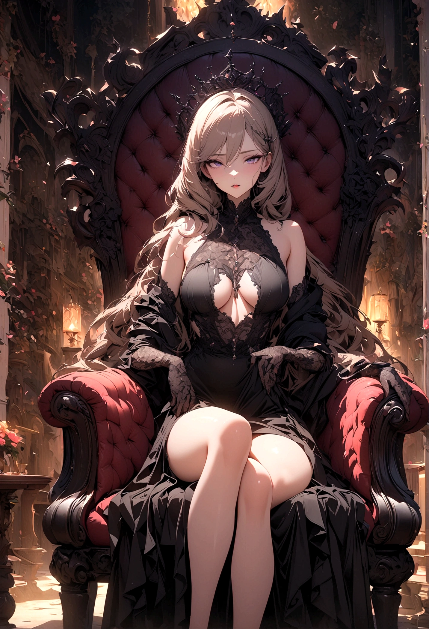 masterpiece, highest quality, 8K, High resolution, detailed, professional camera work, Beautiful woman, Goddess dress, ruins, sit in a luxurious chair, clear eyes, clearly depicted face, beautiful and well-shaped face, long eyelashes,
