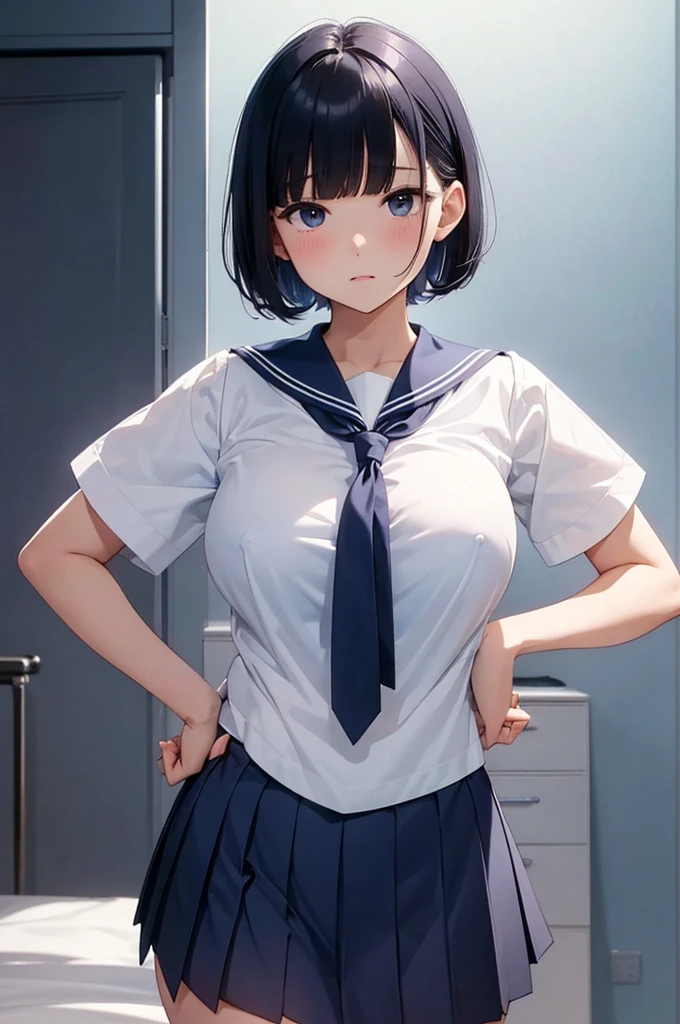 Big Breasts、Bare thighs、White panties、（Sailor suit summer uniform、Dark blue micro mini skirt dark blue、White short-sleeved shirt、Dark blue pleated skirt Dark blue、White mesh panties、Dark blue tie dark blue、White Short Socks）、(Black Hair、Very Short Hair、boyishカット)、Big Breasts、Women&#39;s High生、boyish、Big Breasts、Women&#39;s High、classroom、独奏