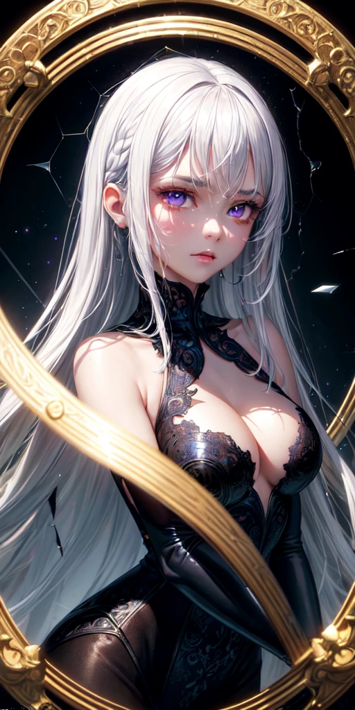 (masterpiece, best quality, ultra-detailed, best shadow), (detailed background,dark fantasy), (beautiful detailed face), high contrast, (best illumination, an extremely delicate and beautiful), ((cinematic light)), colorful, hyper detail, dramatic light, intricate details, (1girl, solo,white hair, sharp face,purple eyes, hair between eyes,dynamic angle), blood splatter, swirling black light around the character, depth of field,black light particles,(broken glass),magic circle,