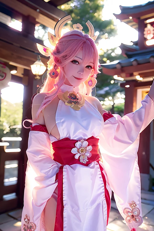 (Extreme Detail CG Unity 8K wallpaper, masterpiece, highest quality), (ulzzang-6500-v1.1:0.4) 1girl, kpop idol, yae miko, detached sleeves, pink hair, long hair, best quality, (photorealistic:1.2), (hair ornament:1.35), jewelry, wearing face veil, white face veil, purple eyes, earrings, large breasts, torii, cherry blossoms, lantern light, depth of field, detailed face, face focus, (looking at viewer:1.25), shiny skin, long sleeves, smile, thick lips, game cg, thighhighs, east asian architecture, blurry background, full body, arms behind back,hands behind,