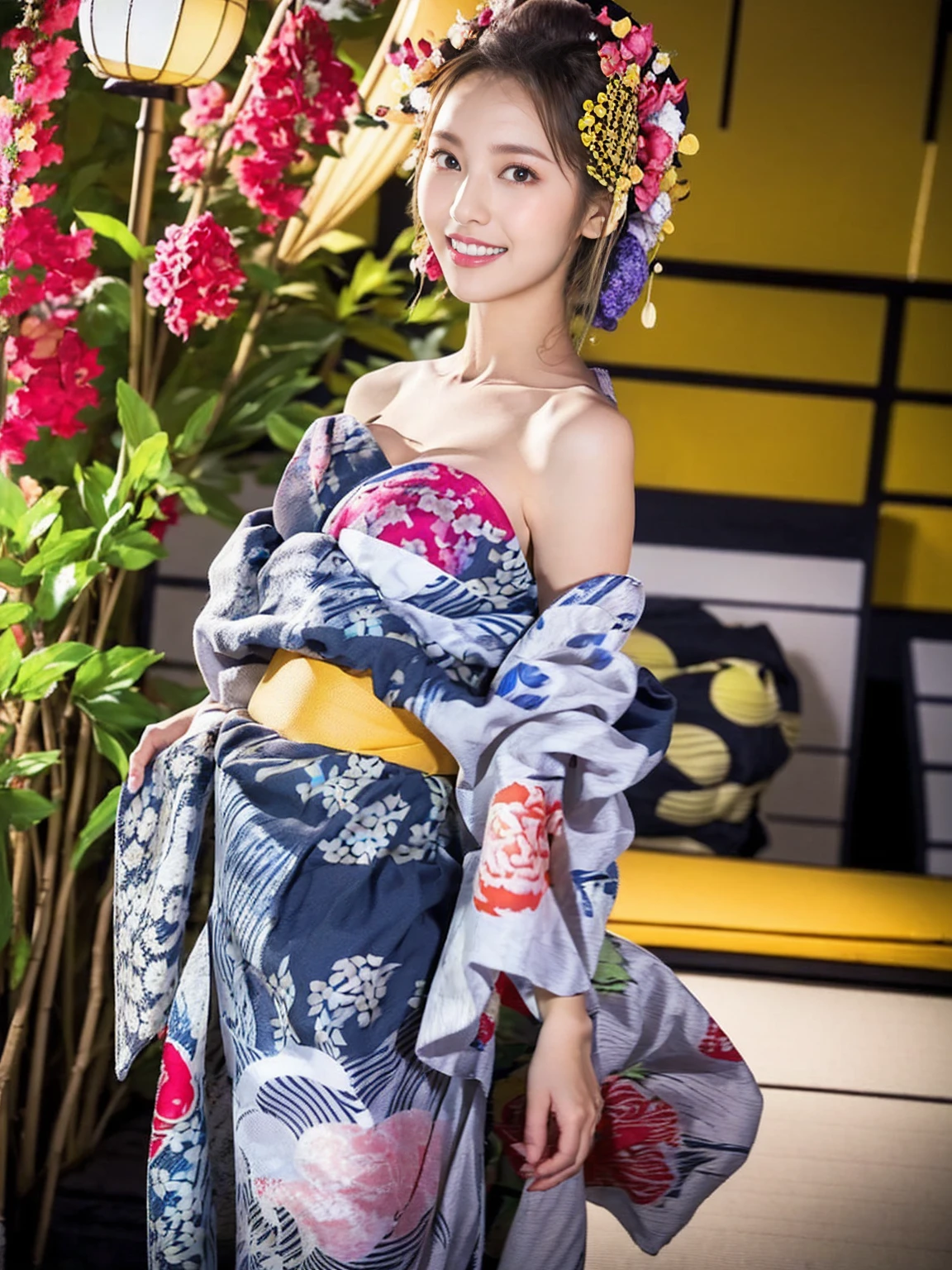 (One Girl), Very cute face, Great face and eyes, (Highly detailed eyes, Highly detailed face), Fresh, Very beautiful appearance, (Ultra-Realistic, High resolution), (Highest quality:1.4), RAW Photos, (Realistic, Photorealistic:1.37), Professional photography, (Floral Yukata:1.5), (Open yukata), (Cleavage:1.2), (Bare shoulders), Laugh a little, (look at me), Bedroom, Portrait of a Girl,