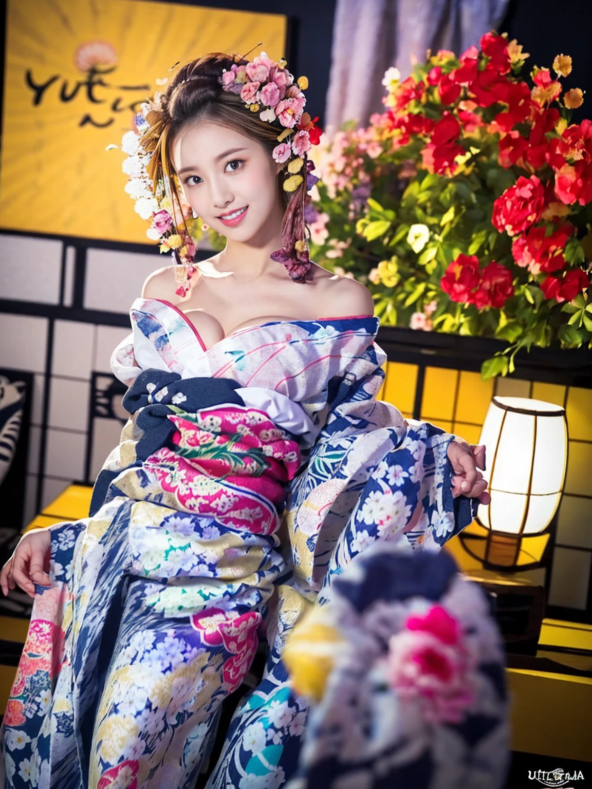 (One Girl), Very cute face, Great face and eyes, (Highly detailed eyes, Highly detailed face), Fresh, Very beautiful appearance, (Ultra-Realistic, High resolution), (Highest quality:1.4), RAW Photos, (Realistic, Photorealistic:1.37), Professional photography, (Floral Yukata:1.5), (Open yukata), (Cleavage:1.2), (Bare shoulders), Laugh a little, (look at me), Bedroom, Portrait of a Girl,