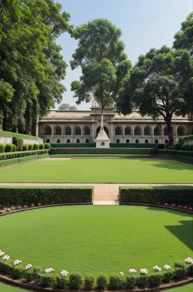 Parliament in India with green garden